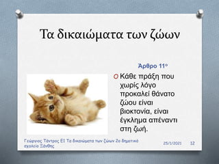 Τα δικαιώματα των ζώων
Άρθρο 11ο
O Κάθε πράξη που
χωρίς λόγο
προκαλεί θάνατο
ζώου είναι
βιοκτονία, είναι
έγκλημα απέναντι
στη ζωή.
25/1/2021
Γεώργιος Τάντρος Ε1 Τα δικαιώματα των ζώων 2ο δημοτικό
σχολείο Ξάνθης
12
 