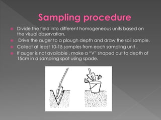  Divide the field into different homogeneous units based on
the visual observation.
 Drive the auger to a plough depth and draw the soil sample.
 Collect at least 10-15 samples from each sampling unit .
 If auger is not available , make a “V” shaped cut to depth of
15cm in a sampling spot using spade.
 