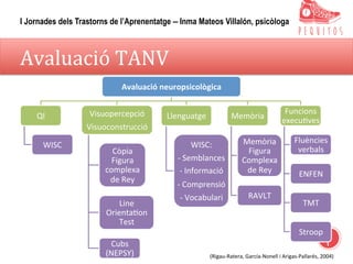 Avaluació	TANV	
Avaluació	neuropsicològica	
QI	
WISC	
Visuopercepció	
Visuoconstrucció	
Còpia	
Figura	
complexa	
de	Rey	
Line	
Orienta,on	
Test	
Cubs	
(NEPSY)	
Llenguatge	
WISC:		
-	Semblances		
-	Informació	
-	Comprensió	
-	Vocabulari	
Memòria	
Memòria	
Figura	
Complexa	
de	Rey	
RAVLT	
Funcions	
execu,ves	
Fluències	
verbals	
ENFEN	
TMT	
Stroop	
(Rigau-Ratera,	García-Nonell	i	Arigas-Pallarés,	2004)	
I Jornades dels Trastorns de l’Aprenentatge – Inma Mateos Villalón, psicòloga
 