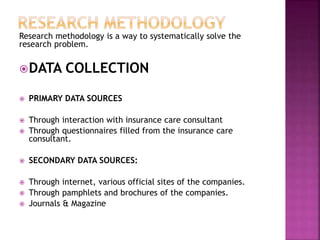 Research methodology is a way to systematically solve the
research problem.
DATA COLLECTION
 PRIMARY DATA SOURCES
 Through interaction with insurance care consultant
 Through questionnaires filled from the insurance care
consultant.
 SECONDARY DATA SOURCES:
 Through internet, various official sites of the companies.
 Through pamphlets and brochures of the companies.
 Journals & Magazine
 