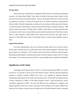 COMPARITIVE ANALYSIS OF NBFCS AND BANKS
7
Foreign Banks
These are the type of banks that are obligated to follow the rules of both home and foreign
countries. As foreign branch Banks’ Loan limits are Based on the parent banks capital, so they
provide more loans that the subsidiary Banks. There are 43 foreign banks from 26 countries which
are operating as branches in India and 46 banks from 22 countries operating as representative
offices in India. Most the foreign banks in India are the niche players which means their business
is usually focused on trade finance, external commercial borrowings, wholesale lending etc. RBI
policy towards the presence of foreign banks in India is based upon two cardinal principles that
are reciprocity which means overseas bank are given national treatment only if their home country
allows to open branches of Indian Banks there without much restrictions and single mode of
presence in which RBI allows either of the Branch mode or wholly owned subsidiary mode in
India.
Regional Rural Banks
Even after nationalization, there were commercial banks which were not able to lend to
farmers due to cultural issues even under supervision of government regulation. Therefore, these
type of banks were initiated in 1970 in order to protect the interest of farmers and rural people.
Each Regional Rural Bank is owned by three entities with their respective share as 50% to Central
Government, 15% to State Government and 35% to sponsor Bank and are regulated by NABARD.
Significance of the Study
According to the Economic Survey 2010-11, it has been reported that NBFCs as a whole
account for 11.2 percent of assets of the total financial system. With the growing importance
assigned to financial inclusion, NBFCs have come to be regarded as important financial
intermediaries particularly for the small-scale and retail sectors. In the multi-tier financial system
of India, importance of NBFCs in the Indian financial system is much discussed by various
committees appointed by RBI in the past and RBI has been modifying its regulatory and
supervising policies from time to time to keep pace with the changes in the system. NBFCs have
turned out to be engines of growth and are integral part of the Indian financial system, enhancing
 