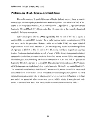 COMPARITIVE ANALYSIS OF NBFCS AND BANKS
21
Performance of Scheduled commercial Banks
The credit growth of Scheduled Commercial Banks declined on y-o-y basis, across the
bank-groups, whereas, deposit growth increased between September 2016 and March 2017. SCBs’
capital to risk-weighted assets ratio (CRAR) improved from 13.4 per cent to 13.6 per cent between
September 2016 and March 2017. However, the Tier-1 leverage ratio at the system level declined
marginally during the same period.
SCBs’ annual profit after tax (PAT) expanded by 48.0 per cent in 2016-17 as against a
decline of 61.6 per cent in 2015-16, mainly due to higher increase in other operating income (OOI)
and lower rise in risk provisions. However, public sector banks (PSBs) once again recorded
negative returns on their assets. The share of OOI in total operating income increased sharply from
30.7 per cent in 2015-16 to 36.2 per cent in 2016-17, mostly contributed by profit on securities
trading. Continuing deceleration in the growth of assets of SCBs along with deterioration in their
asset quality resulted in a secular decline in the share of net interest income (NII) in total operating
incomeThe gross non-performing advances (GNPAs) ratio of SCBs rose from 9.2 per cent in
September 2016 to 9.6 per cent in March 2017. The net nonperforming advances (NNPAs) ratio
of SCBs increased marginally from 5.4 per cent in September 2016 to 5.5 per cent in March 2017.
The stressed advances7 ratio declined from 12.3 per cent to 12.0 per cent due to fall in restructured
standard advances. While there is a fall in stressed advances ratio in agriculture, services and retail
sectors, the stressed advances ratio in industry sector, however, rose from 22.3 per cent to 23.0 per
cent mainly on account of subsectors such as cement, vehicle, mining & quarrying and basic
metals. Accretion of new NPAs from restructured standard advances declined in 2016-17
 