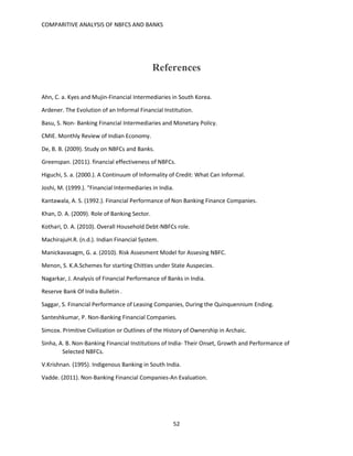 COMPARITIVE ANALYSIS OF NBFCS AND BANKS
52
References
Ahn, C. a. Kyes and Mujin-Financial Intermediaries in South Korea.
Ardener. The Evolution of an Informal Financial Institution.
Basu, S. Non- Banking Financial Intermediaries and Monetary Policy.
CMIE. Monthly Review of Indian Economy.
De, B. B. (2009). Study on NBFCs and Banks.
Greenspan. (2011). financial effectiveness of NBFCs.
Higuchi, S. a. (2000.). A Continuum of Informality of Credit: What Can Informal.
Joshi, M. (1999.). “Financial Intermediaries in India.
Kantawala, A. S. (1992.). Financial Performance of Non Banking Finance Companies.
Khan, D. A. (2009). Role of Banking Sector.
Kothari, D. A. (2010). Overall Household Debt-NBFCs role.
MachirajuH.R. (n.d.). Indian Financial System.
Manickavasagm, G. a. (2010). Risk Assesment Model for Assesing NBFC.
Menon, S. K.A.Schemes for starting Chitties under State Auspecies.
Nagarkar, J. Analysis of Financial Performance of Banks in India.
Reserve Bank Of India Bulletin .
Saggar, S. Financial Performance of Leasing Companies, During the Quinquennium Ending.
Santeshkumar, P. Non-Banking Financial Companies.
Simcox. Primitive Civilization or Outlines of the History of Ownership in Archaic.
Sinha, A. B. Non-Banking Financial Institutions of India- Their Onset, Growth and Performance of
Selected NBFCs.
V.Krishnan. (1995). Indigenous Banking in South India.
Vadde. (2011). Non-Banking Financial Companies-An Evaluation.
 