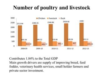 Number of poultry and livestock
2213.94 2280.35 2346.86 2428.66 2490
495.58 506.52 516.66 528.36 532.11
412.34 426.77 441.2 457 472.53
0
500
1000
1500
2000
2500
3000
2008-09 2009-10 2010-11 2011-12 2012-13
Chicken livestock Duck
Contributes 1.84% to the Total GDP
Main growth drivers are supply of improving breed, feed
fodder, veterinary health services, small holder farmers and
private sector investment.
 