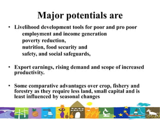 Major potentials are
• Livelihood development tools for poor and pro poor
employment and income generation
poverty reduction,
nutrition, food security and
safety, and social safeguards,
• Export earnings, rising demand and scope of increased
productivity.
• Some comparative advantages over crop, fishery and
forestry as they require less land, small capital and is
least influenced by seasonal changes
 
