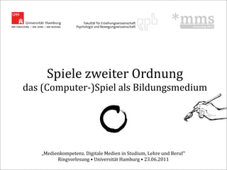 Spiele	
  zweiter	
  Ordnung	
  
das	
  (Computer-­‐)Spiel	
  als	
  Bildungsmedium




     „Medienkompetenz.	
  Digitale	
  Medien	
  in	
  Studium,	
  Lehre	
  und	
  Beruf“
           Ringvorlesung	
  •	
  Universität	
  Hamburg	
  •	
  23.06.2011
 