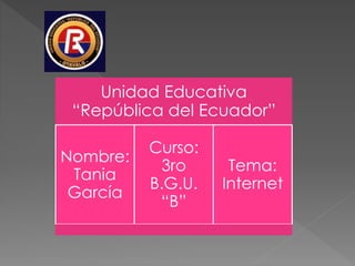 Unidad Educativa
“República del Ecuador”
Nombre:
Tania
García
Curso:
3ro
B.G.U.
“B”
Tema:
Internet
 