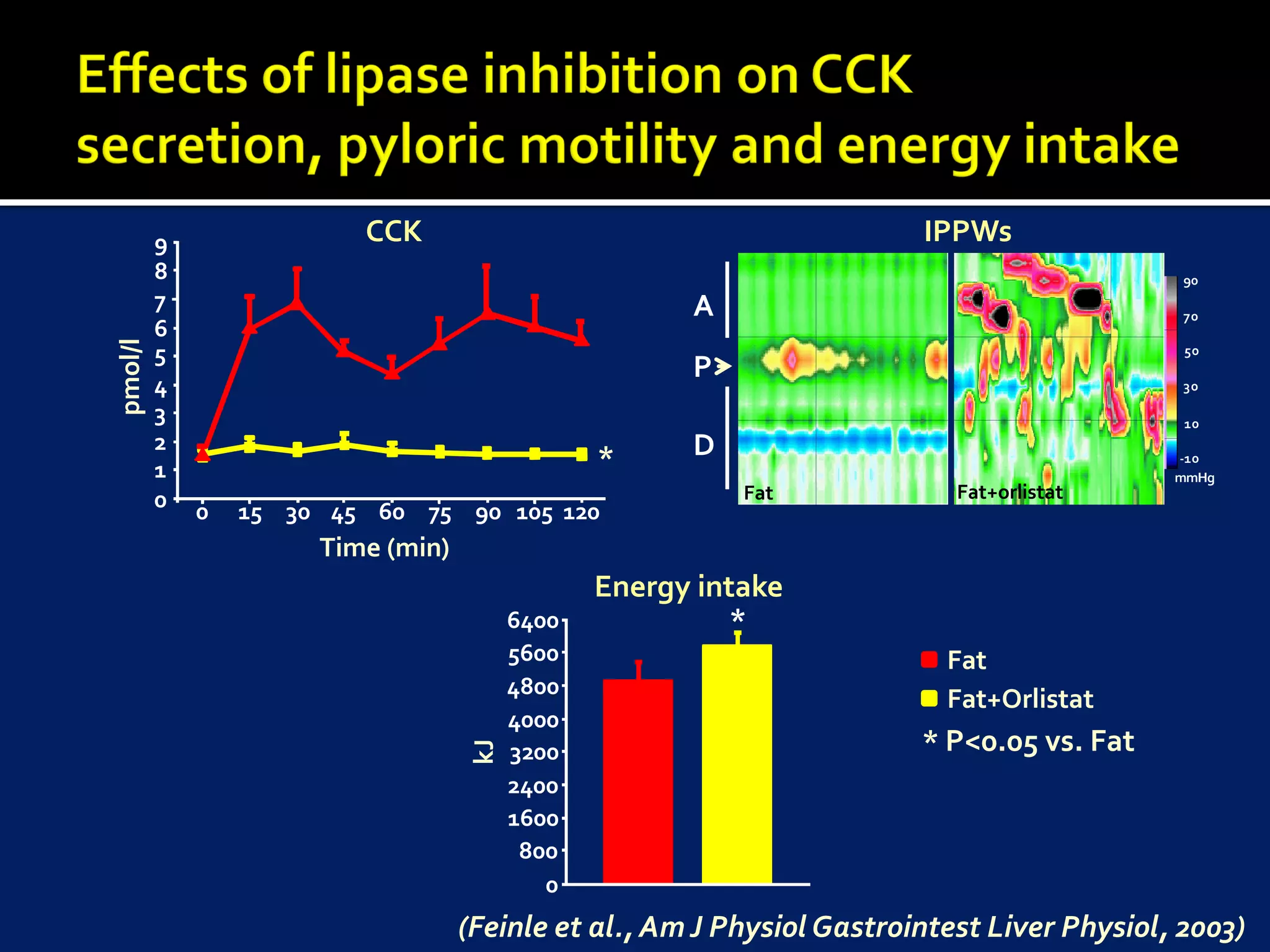 9               CCK                                           IPPWs
         8                                                                                  90
         7                                           A                                      70
         6
pmol/l




         5                                                                                  50
                                                     P
         4                                                                                  30

         3                                                                                  10
         2                                           D
         1                                     *                                           -10
                                                                                           mmHg
         0                                               Fat              Fat+orlistat
             0   15 30 45 60 75 90 105 120
                      Time (min)
                                               Energy intake
                                        6400             *
                                        5600                             Fat
                                        4800
                                                                         Fat+Orlistat
                                   (kJ) 4000                           * P<0.05 vs. Fat
                                    kJ




                                        3200
                                        2400
                                        1600
                                         800
                                           0
                                   (Feinle et al., Am J Physiol Gastrointest Liver Physiol, 2003)
 