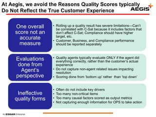 At Aegis, we avoid the Reasons Quality Scores typically
Do Not Reflect the True Customer Experience


     One overall     • Rolling up a quality result has severe limitations—Can‘t
                       be correlated with C-Sat because it includes factors that
     score not an      don‘t affect C-Sat; Compliance should have higher
                       target, etc.
       accurate      • Customer, Business, and Compliance performance
       measure         should be reported separately


                     • Quality agents typically evaluate ONLY if the agent did
     Evaluations       everything correctly, rather than the customer‘s actual
      done from        experience
       Agent‘s       • Do not capture non-agent related issues impacting
                       resolution
     perspective     • Scoring done from ‗bottom up‘ rather than ‗top down‘


                     •   Often do not include key drivers
      Ineffective    •   Too many non-critical items
     quality forms   •   Too many causal factors scored as output metrics
                     •   Not capturing enough information for OPS to take action
 