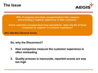 The Issue


          ―80% of company executives surveyed believe their company
            was providing a ‗superior experience‘ to their customers.

   Actual customers surveyed about their perceptions, rated only 8% of those
               companies as ‗superior‘ in customer experience.‖

2011 Aberdeen Research Survey


     So, why the Disconnect?

     1. How companies measure the customer experience is
        often misleading

     2. Quality process is inaccurate, reported scores are way
        too high
 