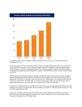 In September 2021, rural consumption of FMCG increased 58.2% YoY; this is 2x more than the urban
consumption (27.7%).
In the third quarter of FY20 in rural India, FMCG witnessed a double-digit growth recovery of 10.6% due to
various government initiatives (such as packaged staples and hygiene categories); high agricultural produce,
reverse migration, and a lower unemployment rate. Rise in rural consumption will drive the FMCG market.
The Indian processed food market is projected to expand to US$ 470 billion by 2025, up from US$ 263 billion
in 2019-20
FMCG giants such as Johnson & Johnson, Himalaya, Hindustan Unilever, ITC, Lakmé and other companies
(that have dominated the Indian market for decades) are now competing with D2C-focused start-ups such as
Mamaearth, The Moms Co., Bey Bee, Azah, Nua and Pee Safe. Market giants such as Revlon and Lotus took
~20 years to reach the Rs. 100 crore (US$ 13.4 million) revenue mark, while new-age D2C brands such as
Mamaearth and Sugar took four and eight years, respectively, to achieve that milestone.
Companies with dedicated websites recorded an 88% YoY rise in consumer demand in 2020. Since then, more
businesses have begun to adopt the D2C model, and India is now home to >800 D2C brands looking at a US$
101 billion opportunity by 2025.
E-commerce companies reported sales worth US$ 9.2 billion across platforms in October and November
(2021), driven by increased shopping during the festive season. With festive season sales, Flipkart Group
emerged as the leader with a 62% market share.
 