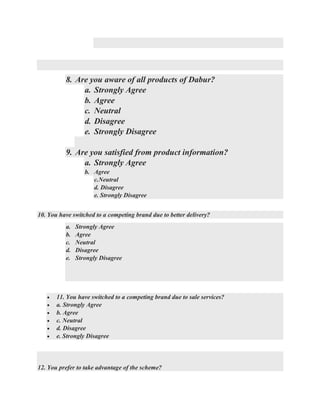 8. Are you aware of all products of Dabur?
a. Strongly Agree
b. Agree
c. Neutral
d. Disagree
e. Strongly Disagree
9. Are you satisfied from product information?
a. Strongly Agree
b. Agree
c.Neutral
d. Disagree
e. Strongly Disagree
10. You have switched to a competing brand due to better delivery?
a. Strongly Agree
b. Agree
c. Neutral
d. Disagree
e. Strongly Disagree
• 11. You have switched to a competing brand due to sale services?
• a. Strongly Agree
• b. Agree
• c. Neutral
• d. Disagree
• e. Strongly Disagree
12. You prefer to take advantage of the scheme?
 