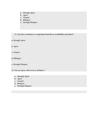 a. Strongly Agree
b. Agree
c. Neutral
d. Disagree
e. Strongly Disagree
13. You have switched to a competing brand due to availability of product?
a. Strongly Agree
b. Agree
c. Neutral
d. DDisagre
e. Strongly Disagree
14. You are agree with services of Dabur ?
a. Strongly Agree
b. Agree
c. Neutral
d. Disagree
e. Strongly Disagree
 