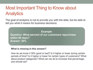 Most Important Thing to Know about
Analytics
The goal of analytics is not to provide you with the data, but be able to
tell you what it means for business decisions.
Example
Question: What percent of our customers repurchase
within 60 days?
Answer: 30%
What is missing in this answer?
How do we know if 30% good or bad? Is it higher or lower during certain
periods of time? Is it higher or lower for certain types of customers? What
about product categories? What can we do to increase that percentage,
and should we?
 
