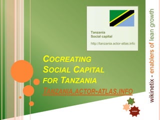 content
.
.
wikinetix-enablersofleangrowth
COCREATING
SOCIAL CAPITAL
FOR TANZANIA
TANZANIA.ACTOR-ATLAS.INFO
 