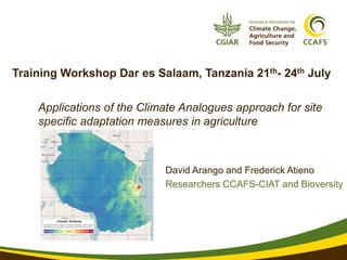 David Arango and Frederick Atieno 
Researchers CCAFS-CIAT and Bioversity 
Training Workshop Dar es Salaam, Tanzania 21th- 24th July 
Applications of the Climate Analogues approach for site specific adaptation measures in agriculture  