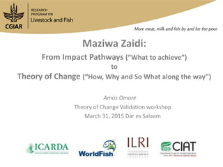 Maziwa Zaidi:
From Impact Pathways (“What to achieve”)
to
Theory of Change (“How, Why and So What along the way”)
Amos Omore
Theory of Change Validation workshop
March 31, 2015 Dar es Salaam
 