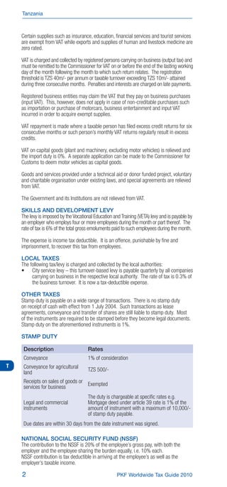 Tanzania



    Certain supplies such as insurance, education, ﬁnancial services and tourist services
    are exempt from VAT while exports and supplies of human and livestock medicine are
    zero rated.

    VAT is charged and collected by registered persons carrying on business (output tax) and
    must be remitted to the Commissioner for VAT on or before the end of the lasting working
    day of the month following the month to which such return relates. The registration
    threshold is TZS 40m/- per annum or taxable turnover exceeding TZS 10m/- attained
    during three consecutive months. Penalties and interests are charged on late payments.

    Registered business entities may claim the VAT that they pay on business purchases
    (input VAT). This, however, does not apply in case of non-creditable purchases such
    as importation or purchase of motorcars, business entertainment and input VAT
    incurred in order to acquire exempt supplies.

    VAT repayment is made where a taxable person has ﬁled excess credit returns for six
    consecutive months or such person’s monthly VAT returns regularly result in excess
    credits.

    VAT on capital goods (plant and machinery, excluding motor vehicles) is relieved and
    the import duty is 0%. A separate application can be made to the Commissioner for
    Customs to deem motor vehicles as capital goods.

    Goods and services provided under a technical aid or donor funded project, voluntary
    and charitable organisation under existing laws, and special agreements are relieved
    from VAT.

    The Government and its Institutions are not relieved from VAT.

    SKILLS AND DEVELOPMENT LEVY
    The levy is imposed by the Vocational Education and Training (VETA) levy and is payable by
    an employer who employs four or more employees during the month or part thereof. The
    rate of tax is 6% of the total gross emoluments paid to such employees during the month.

    The expense is income tax deductible. It is an offence, punishable by ﬁne and
    imprisonment, to recover this tax from employees.

    LOCAL TAXES
    The following tax/levy is charged and collected by the local authorities:

         carrying on business in the respective local authority. The rate of tax is 0.3% of
         the business turnover. It is now a tax-deductible expense.

    OTHER TAXES
    Stamp duty is payable on a wide range of transactions. There is no stamp duty
    on receipt of cash with effect from 1 July 2004. Such transactions as lease
    agreements, conveyance and transfer of shares are still liable to stamp duty. Most
    of the instruments are required to be stamped before they become legal documents.
    Stamp duty on the aforementioned instruments is 1%.

    STAMP DUTY

     Description                       Rates
     Conveyance                        1% of consideration
T    Conveyance for agricultural       TZS 500/-
     land
     Receipts on sales of goods or Exempted
     services for business
                                       The duty is chargeable at speciﬁc rates e.g.
     Legal and commercial              Mortgage deed under article 39 rate is 1% of the
     instruments                       amount of instrument with a maximum of 10,000/-
                                       of stamp duty payable.
     Due dates are within 30 days from the date instrument was signed.

    NATIONAL SOCIAL SECURITY FUND (NSSF)
    The contribution to the NSSF is 20% of the employee’s gross pay, with both the
    employer and the employee sharing the burden equally, i.e. 10% each.
    NSSF contribution is tax deductible in arriving at the employee’s as well as the
    employer’s taxable income.

    2                                                 PKF Worldwide Tax Guide 2010
 