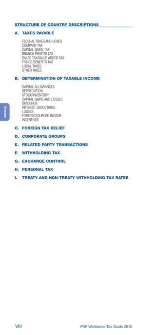 STRUCTURE OF COUNTRY DESCRIPTIONS

            A. TAXES PAYABLE

                   FEDERAL TAXES AND LEVIES
                   COMPANY TAX
                   CAPITAL GAINS TAX
                   BRANCH PROFITS TAX
                   SALES TAX/VALUE ADDED TAX
                   FRINGE BENEFITS TAX
                   LOCAL TAXES
                   OTHER TAXES

            B. DETERMINATION OF TAXABLE INCOME

                   CAPITAL ALLOWANCES
                   DEPRECIATION
                   STOCK/INVENTORY
                   CAPITAL GAINS AND LOSSES
                   DIVIDENDS
                   INTEREST DEDUCTIONS
Structure




                   LOSSES
                   FOREIGN SOURCED INCOME
                   INCENTIVES

            C. FOREIGN TAX RELIEF

            D. CORPORATE GROUPS

            E. RELATED PARTY TRANSACTIONS

            F.     WITHHOLDING TAX

            G. EXCHANGE CONTROL

            H. PERSONAL TAX

            I.     TREATY AND NON-TREATY WITHHOLDING TAX RATES




            VIII                               PKF Worldwide Tax Guide 2010
 