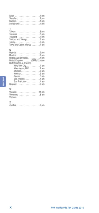 Spain . . . . . . . . . . . . . . . . . . . . .1 pm
             Swaziland . . . . . . . . . . . . . . . . . .2 pm
             Sweden. . . . . . . . . . . . . . . . . . . .1 pm
             Switzerland . . . . . . . . . . . . . . . . .1 pm

             T
             Taiwan . . . . . . . . . . . . . . . . . . . .8 pm
             Tanzania . . . . . . . . . . . . . . . . . . .3 pm
             Thailand . . . . . . . . . . . . . . . . . . .7 pm
             Trinidad and Tobago . . . . . . . . . . . 8 am
             Turkey . . . . . . . . . . . . . . . . . . . . .2 pm
             Turks and Caicos Islands . . . . . . . 7 am

             U
             Uganda . . . . . . . . . . . . . . . . . . . .2 pm
             Ukraine . . . . . . . . . . . . . . . . . . . .2 pm
             United Arab Emirates . . . . . . . . . .4 pm
             United Kingdom . . . . . . .(GMT) 12 noon
             United States of America -
                  New York City. . . . . . . . . . . . 7 am
                  Washington, D.C. . . . . . . . . . 7 am
                  Chicago. . . . . . . . . . . . . . . . 6 am
                  Houston. . . . . . . . . . . . . . . . 6 am
                  Denver . . . . . . . . . . . . . . . . 5 am
Time Zones




                  Los Angeles. . . . . . . . . . . . . 4 am
                  San Francisco . . . . . . . . . . . 4 am
             Uruguay . . . . . . . . . . . . . . . . . . . 9 am

             V
             Vanuatu. . . . . . . . . . . . . . . . . . .11 pm
             Venezuela . . . . . . . . . . . . . . . . . . 8 am
             Vietnam

             Z
             Zambia . . . . . . . . . . . . . . . . . . . .2 pm




             X                                                      PKF Worldwide Tax Guide 2010
 