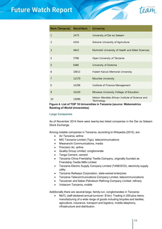 11
Figure 4. List of TOP 10 Universities in Tanzania (source: Webometrics
Ranking of World Universities)
Large Companies
As of November 2014 there were twenty-two listed companies in the Dar es Salaam
Stock Exchange.
Among notable companies in Tanzania, according to Wikipedia (2015), are:
 Air Tanzania, airline
 MIC Tanzania Limited (Tigo), telecommunications
 Mwananchi Communications, media
 Precision Air, airline
 Quality Group Limited, conglomerate
 Tanga Cement, cement
 Tanzania China Friendship Textile Company, originally founded as
Friendship Textile Mills Limited
 Tanzania Electric Supply Company Limited (TANESCO), electricity supply
utility
 Tanzania Railways Corporation, state-owned enterprise
 Tanzania Telecommunications Company Limited, telecommunications
 Tanzanian and Italian Petroleum Refining Company Limited, refinery
 Vodacom Tanzania, mobile
Additionally there are several large, family-run, conglomerates in Tanzania:
 MeTL (self-declared annual turnover: $1bn): Trading in 200-plus items,
manufacturing of a wide range of goods including bicycles and textiles,
agriculture, insurance, transport and logistics, mobile telephony,
infrastructure and distribution.
 