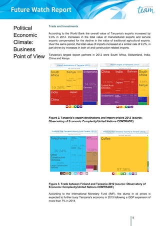 5
Political
Economic
Climate:
Business
Point of View
Trade and Investments
According to the World Bank the overall value of Tanzania’s exports increased by
9.4% in 2014. Increases in the total value of manufactured exports and service
exports compensated for the decline in the value of traditional agricultural exports.
Over the same period, the total value of imports increased at a similar rate of 9.2%, in
part driven by increases in both oil and construction-related imports.
Tanzania’s largest export partners in 2012 were South Africa, Switzerland, India,
China and Kenya.
Figure 2. Tanzania’s export destinations and import origins 2012 (source:
Observatory of Economic Complexity/United Nations COMTRADE)
Figure 3. Trade between Finland and Tanzania 2012 (source: Observatory of
Economic Complexity/United Nations COMTRADE)
According to the International Monetary Fund (IMF), the slump in oil prices is
expected to further buoy Tanzania's economy in 2015 following a GDP expansion of
more than 7% in 2014.
 
