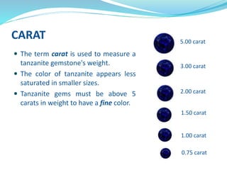 CARAT
 The term carat is used to measure a
tanzanite gemstone's weight.
 The color of tanzanite appears less
saturated in smaller sizes.
 Tanzanite gems must be above 5
carats in weight to have a fine color.
5.00 carat
3.00 carat
2.00 carat
1.50 carat
1.00 carat
0.75 carat
 