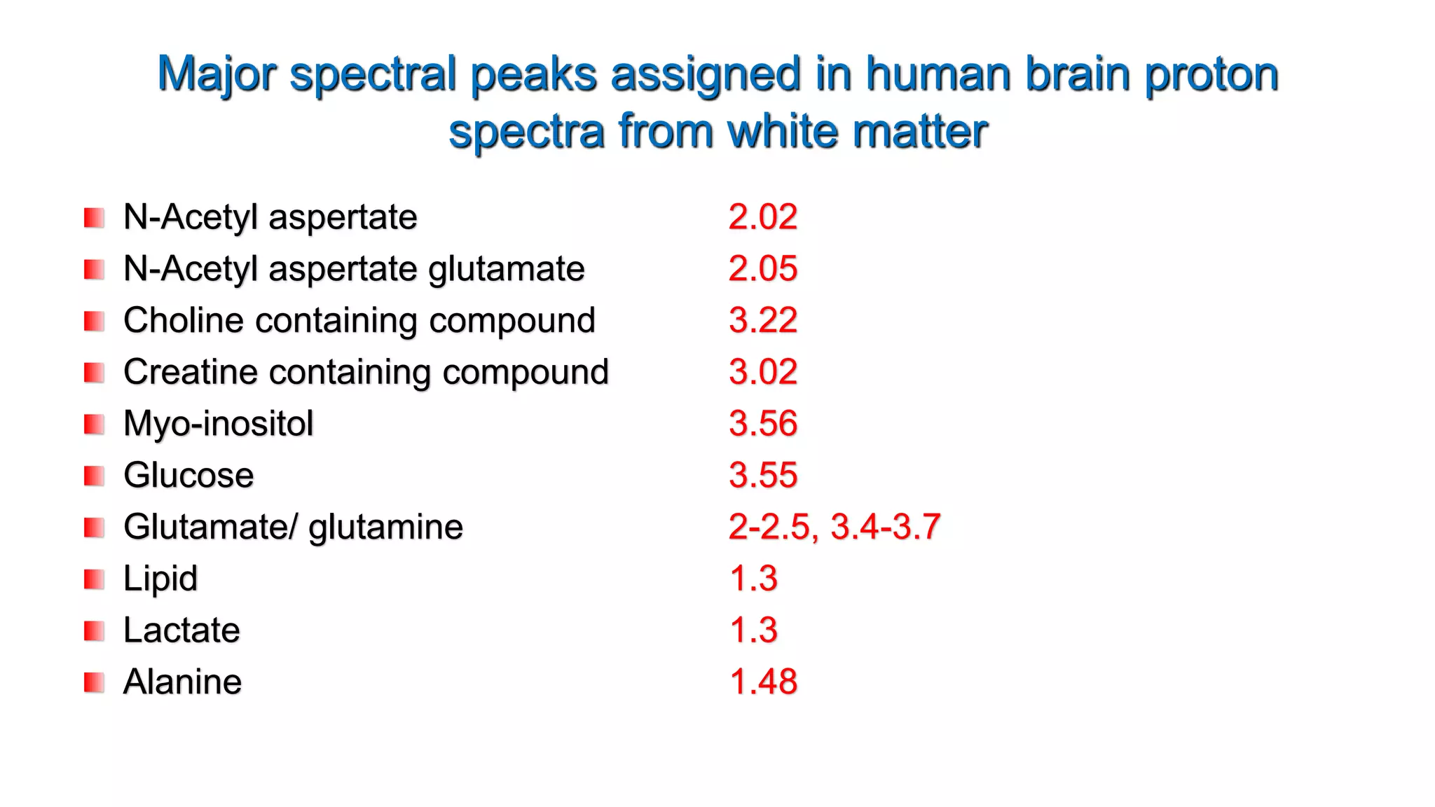 N-Acetyl aspertate 2.02
N-Acetyl aspertate glutamate 2.05
Choline containing compound 3.22
Creatine containing compound 3.02
Myo-inositol 3.56
Glucose 3.55
Glutamate/ glutamine 2-2.5, 3.4-3.7
Lipid 1.3
Lactate 1.3
Alanine 1.48
Major spectral peaks assigned in human brain proton
spectra from white matter
 
