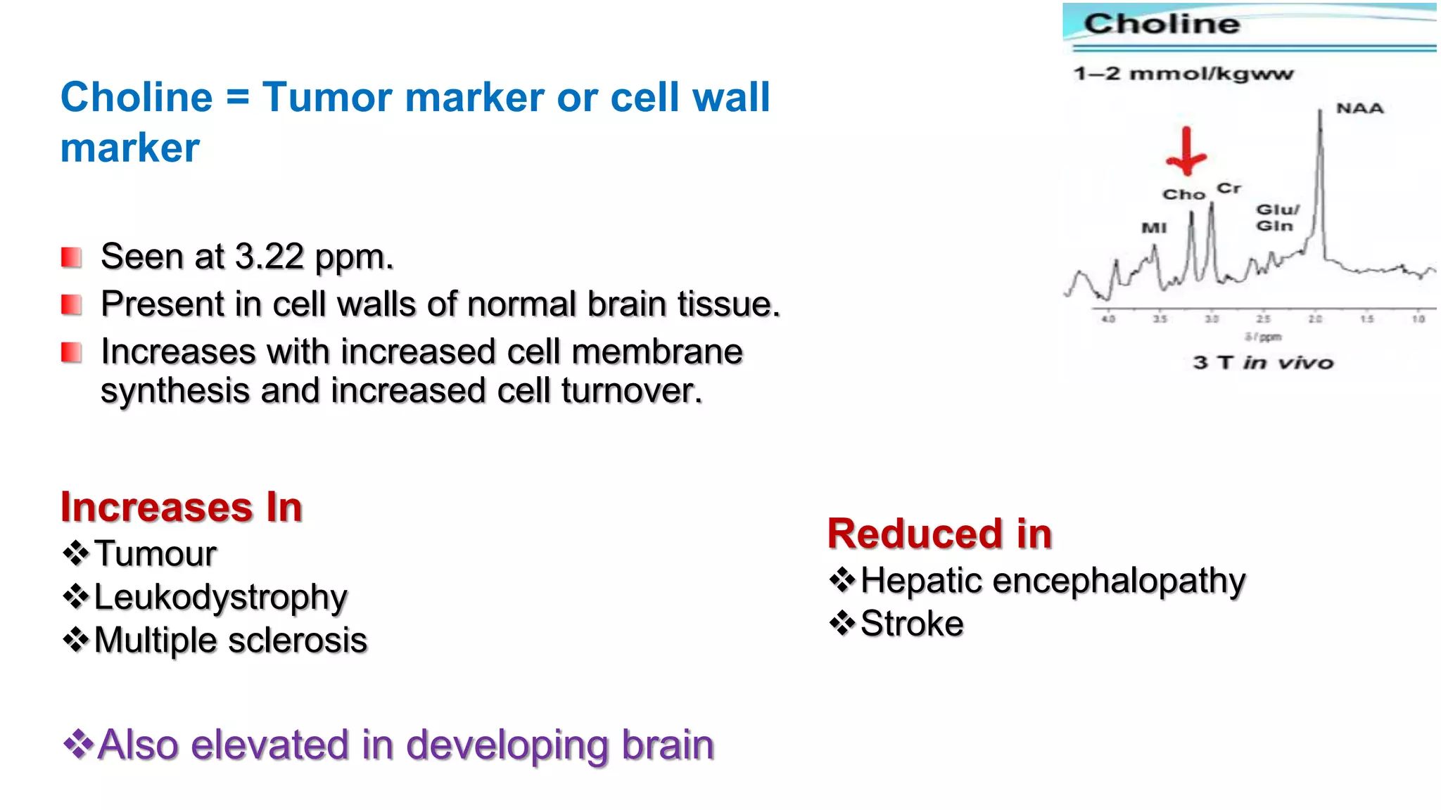 Choline = Tumor marker or cell wall
marker
Seen at 3.22 ppm.
Present in cell walls of normal brain tissue.
Increases with increased cell membrane
synthesis and increased cell turnover.
Increases In
Tumour
Leukodystrophy
Multiple sclerosis
Also elevated in developing brain
Reduced in
Hepatic encephalopathy
Stroke
 