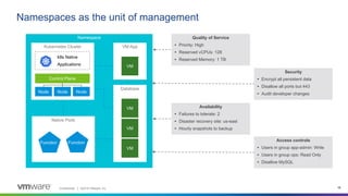 Confidential │ ©2019 VMware, Inc. 16
Namespace
Namespaces as the unit of management
VM App
VM
Database
VM
VM
VM
Kubernetes Cluster
Node Node Node
Control Plane
Native Pods
Function 1 Function 2
Function Function
k8s Native
Applications
Security
• Encrypt all persistent data
• Disallow all ports but 443
• Audit developer changes
Availability
• Failures to tolerate: 2
• Disaster recovery site: us-east
• Hourly snapshots to backup
Access controls
• Users in group app-admin: Write
• Users in group ops: Read Only
• Disallow MySQL
Quality of Service
• Priority: High
• Reserved vCPUs: 128
• Reserved Memory: 1 TB
 