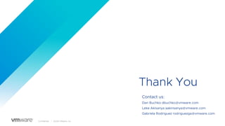 Confidential │ ©2021 VMware, Inc.
Thank You
Contact us:
Dan Buchko dbuchko@vmware.com
Leke Akisanya aakinsanya@vmware.com
Gabriela Rodriguez rodriguezga@vmware.com
 