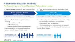 Confidential │ ©2021 VMware, Inc. 4
Path to becoming a go-to Tanzu Infrastructure Platform delivery partner
Platform Modernization Roadmap
• Learn about Tanzu infrastructure platform solutions,
including:
• VMware vSphere with Tanzu
• VMware Tanzu Basic
• VMware Standard (w/multi-cloud management)
• Tap into the vSphere with Tanzu attach opportunity
• Become eligible for Solution Rewards rebates
Take the first step to developing Tanzu Platform expertise
Modern Application Platform
Solution Competency
• Learn advanced Kubernetes administration core concepts, including:
• Cluster architecture, installation and configuration
• Tanzu platform setup and deployment
• Techniques to ensure the continuous delivery of applications
• Unlocks higher Solution Reward rebates (up to 22%) and access to
services delivery courses
Then, become a Tanzu infrastructure modernization trusted
advisor
Cloud Native
Master Services Competency
1 2
Develop Kubernetes and Tanzu platform services delivery capability
Enable teams on sales and technical features within 90 days
Three platform architects ready to
design and deliver Tanzu platform
services:
Six individuals ready to sell,
demo and technical position
Tanzu platform solutions:
 