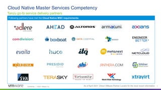 Confidential │ ©2021 VMware, Inc. 7
Tanzu go-to service delivery partners
Cloud Native Master Services Competency
Following partners have met the Cloud Native MSC requirements:
As of April 2021. Check VMware Partner Locator for the most recent information
 