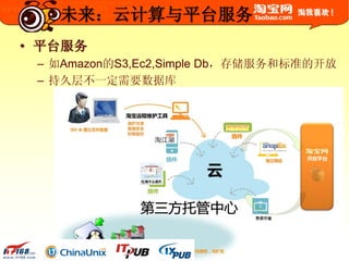 © 2003-2009 Taobao.com All Rights Reserved. 淘宝网 版权所有
未来：云计算与平台服务
• 平台服务
– 如Amazon的S3,Ec2,Simple Db，存储服务和标准的开放
– 持久层不一定需要数据库
 