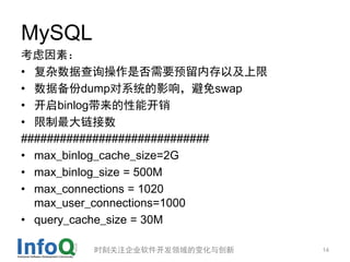 MySQL
أ
? ݲѯǷҪԤڴԼ
? ݱdumpϵͳӰ죬swap
? binlogܿ
? 
#############################
? max_binlog_cache_size=2G
? max_binlog_size = 500M
? max_connections = 1020
  max_user_connections=1000
? query_cache_size = 30M

        ʱ̹ע˾ı仯봴      14
 