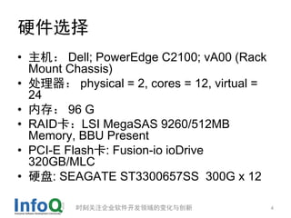 Ӳѡ
?  Dell; PowerEdge C2100; vA00 (Rack
  Mount Chassis)
?  physical = 2, cores = 12, virtual =
  24
? ڴ棺 96 G
? RAIDLSI MegaSAS 9260/512MB
  Memory, BBU Present
? PCI-E Flash: Fusion-io ioDrive
  320GB/MLC
? Ӳ: SEAGATE ST3300657SS 300G x 12

         ʱ̹ע˾ı仯봴                  4
 
