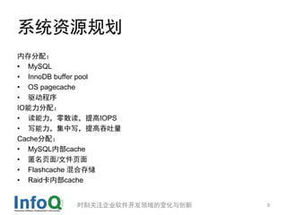 ϵͳԴ滮
ڴ䣺
? MySQL
? InnoDB buffer pool
? OS pagecache
? 
IO䣺
? ɢIOPS
? дд
Cache䣺
? MySQLڲcache
? ҳ/ļҳ
? Flashcache ϴ洢
? Raidڲcache


           ʱ̹ע˾ı仯봴   9
 