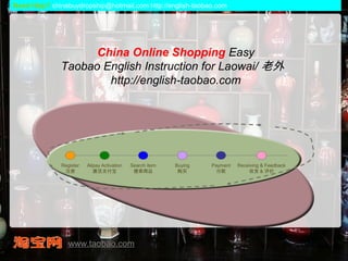 China Online Shopping Easy
Taobao English Instruction for Laowai/ 老外
http://english-taobao.com
By ： English Taobao
Register
注册
Alipay Activation
激活支付宝
Buying
购买
Payment
付款
Receiving & Feedback
收货 & 评价
Search item
搜索商品
www.taobao.com
Need Help? chinabuydropship@hotmail.com http://english-taobao.com
 
