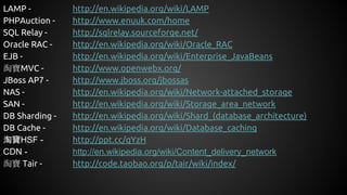 LAMP - http://en.wikipedia.org/wiki/LAMP
PHPAuction - http://www.enuuk.com/home
SQL Relay - http://sqlrelay.sourceforge.net/
Oracle RAC - http://en.wikipedia.org/wiki/Oracle_RAC
EJB - http://en.wikipedia.org/wiki/Enterprise_JavaBeans
淘寶MVC - http://www.openwebx.org/
JBoss AP7 - http://www.jboss.org/jbossas
NAS - http://en.wikipedia.org/wiki/Network-attached_storage
SAN - http://en.wikipedia.org/wiki/Storage_area_network
DB Sharding - http://en.wikipedia.org/wiki/Shard_(database_architecture)
DB Cache - http://en.wikipedia.org/wiki/Database_caching
淘寶HSF - http://ppt.cc/qYzH
CDN - http://en.wikipedia.org/wiki/Content_delivery_network
淘寶 Tair - http://code.taobao.org/p/tair/wiki/index/
 