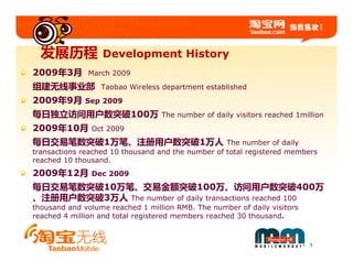 发展历程            Development History
2009年3月       March 2009
组建无线事业部           Taobao Wireless department established
2009年9月       Sep 2009
每日独立访问用户数突破100万                   The number of daily visitors reached 1million
2009年10月       Oct 2009
每日交易笔数突破1万笔、注册用户数突破1万人                             The number of daily
transactions reached 10 thousand and the number of total registered members
reached 10 thousand.
2009年12月       Dec 2009
每日交易笔数突破10万笔、交易金额突破100万、访问用户数突破400万
、注册用户数突破3万人 The number of daily transactions reached 100
thousand and volume reached 1 million RMB. The number of daily visitors
reached 4 million and total registered members reached 30 thousand.



                                                                           3
 