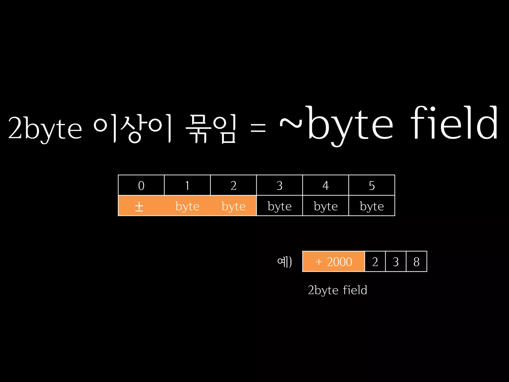 2byte 이상이 묶임 =            ~byte field
       0    1      2      3       4           5
      ±    byte   byte   byte    byte     byte



                          예)     + 2000       2   3   8

                                2byte field
 