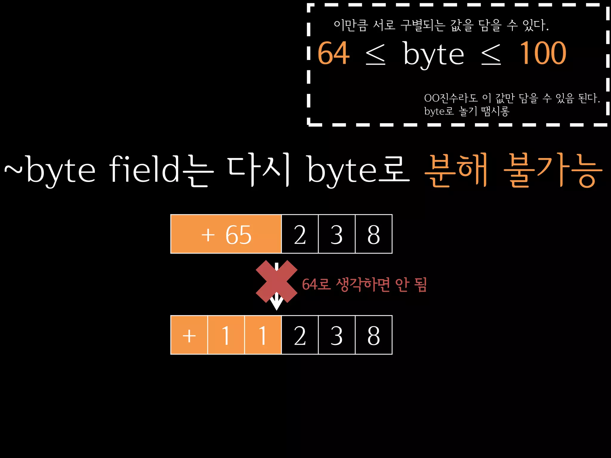 ~byte field는 다시 byte로 분해 불가능
         + 65   2 3 8
                64로 생각하면 안 됨


        + 1 1 2 3 8
 