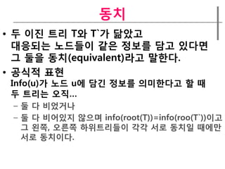 동치
• 두 이짂 트리 T와 T`가 닮았고
  대응되는 노드들이 같은 정보를 담고 있다면
  그 둘을 동치(equivalent)라고 말한다.
• 공식적 표현
 Info(u)가 노드 u에 담긴 정보를 의미한다고 할 때
 두 트리는 오직…
 – 둘 다 비었거나
 – 둘 다 비어있지 않으며 info(root(T))=info(roo(T`))이고
   그 왼쪽, 오른쪽 하위트리들이 각각 서로 동치일 때에만
   서로 동치이다.
 