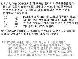 3. PL/I 언어는 COBOL의 것과 비슷한 형태의 자료구조들을 받아들이되, 수준 번호들에 대한 제약이 더 약해서 어떠한 형태의 수준 번호 순차열도 가능하다. 예를 들어 다음 두 수준 번호순차열들은 동등하다.PL/I에서 규칙 (a)는 ‘한 그룹의 항목들은 감소하지 않은 수준 번호들의 순차열을 가져야 하며, 그 수준 번호들은 그룹 이름의 수준 번호보다 더 커야한다’로 바뀌어야 한다.1 A3 B5 C4 D2 E1 A2 B3 C3 D2 E알고리즘 A는 COBOL의 관례를 따르는데, 만일 PL/I의 관례를 따르게 하려면 알고리즘 A를 어떻게 수정해야 할까?A5`. [최상위 수준을 제거] 스택 최상위 요소를 제거한다.그리고 만일 스택 최상위의 새 수준 번호가 L보다 크면새로 스택 최상위 요소가 된 쌍으로 (L1, P1)을 갱신하고이 단계를 반복한다. 그렇지 않으면 SIB(P1) ← Q로 설정하고, 새로 스택 최상위 요소가 된 쌍으로 (L1, P1)을 갱신. 