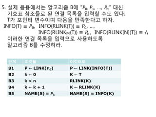 5. 실제 응용에서는 알고리즘 B에 “𝑃0,𝑃1, …, 𝑃𝑛” 대신 기호표 참조들로 된 연결 목록을 입력할 수도 있다.   T가 포인터 변수이며 다음을 만족한다고 하자. INFO(T) ≡𝑃0,  INFO(RLINK(T))≡𝑃0, …,                     INFO(RLINK[N](T)) ≡𝑃𝑛, INFO(RLINK[N](T)) ≡⋀이러한 연결 목록을 입력으로 사용하도록 알고리즘 B를 수정하라. 