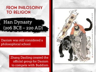 From philosophy
to religion
Han Dynasty
(206 BCE – 220 AD)
Zhang Daoling created the
official group for Daoism
to compete with Buddism
Daoism was still considered a
philosophical school
 
