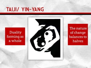 TAIJI/ YIN-YANG
Duality
forming as
a whole
The nature
of change
balances to
halves
 