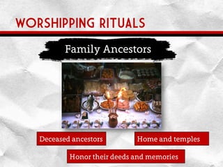 WORSHIPPING RITUALS
Deceased ancestors Home and temples
Honor their deeds and memories
Family Ancestors
 