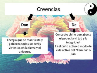 Creencias
Dao
Energía que se manifiesta y
gobierna todos los seres
vivientes en la tierra y el
universo.
Concepto chino que abarca
el poder, la virtud y la
integridad.
Es el culto activo o modo de
vida activo del “Camino” o
Tao
De
 