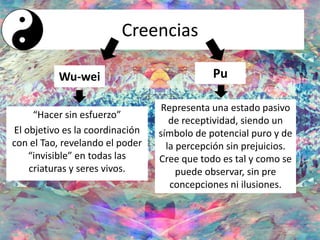 Wu-wei
“Hacer sin esfuerzo”
El objetivo es la coordinación
con el Tao, revelando el poder
“invisible” en todas las
criaturas y seres vivos.
Creencias
Pu
Representa una estado pasivo
de receptividad, siendo un
símbolo de potencial puro y de
la percepción sin prejuicios.
Cree que todo es tal y como se
puede observar, sin pre
concepciones ni ilusiones.
 